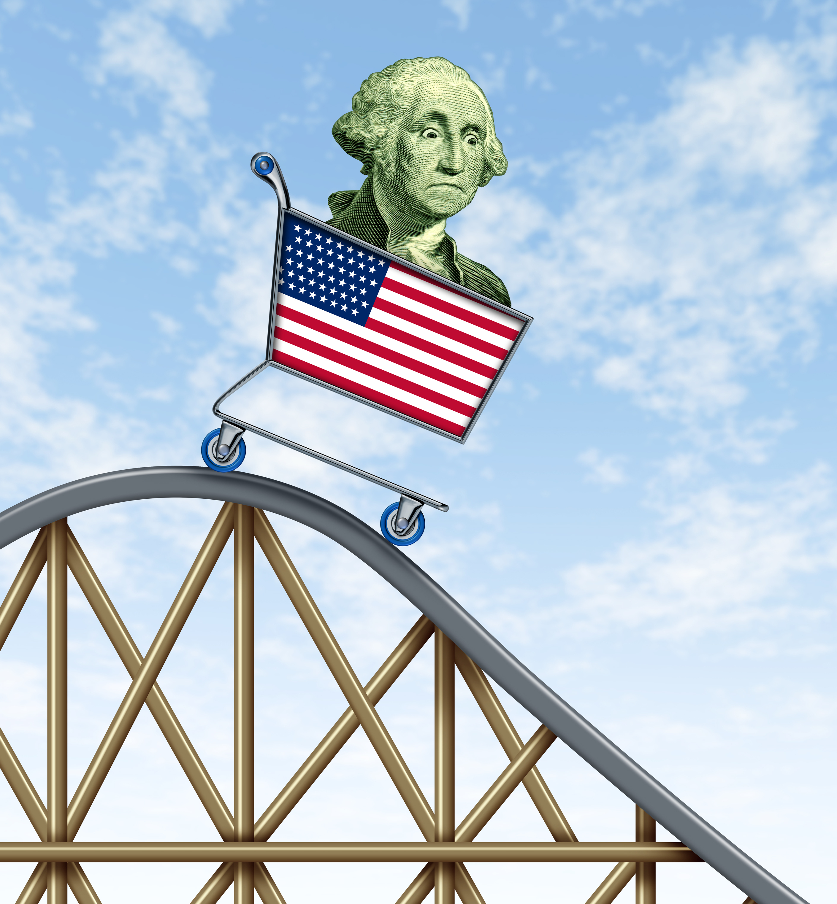 George Washington inside a grocery cart riding down the roller coaster